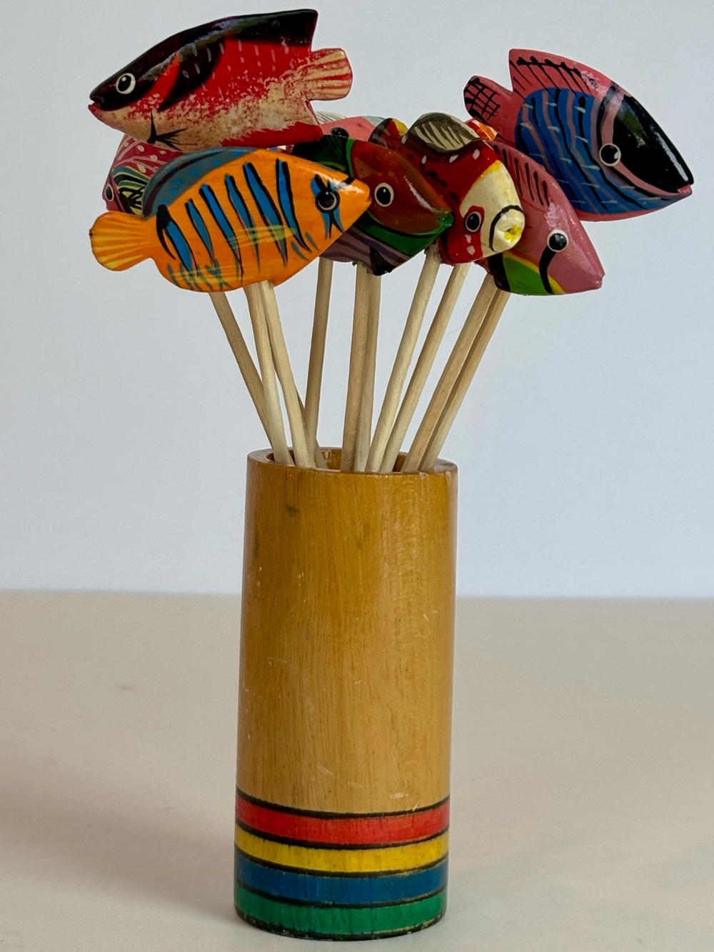Hand-Painted Wooden Tropical Fish Cocktail Picks with Bamboo Holder Set of 12